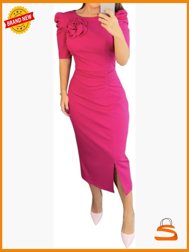 Bodycon Midi Dress Ruched Puff Sleeve Slit Party Work Dress